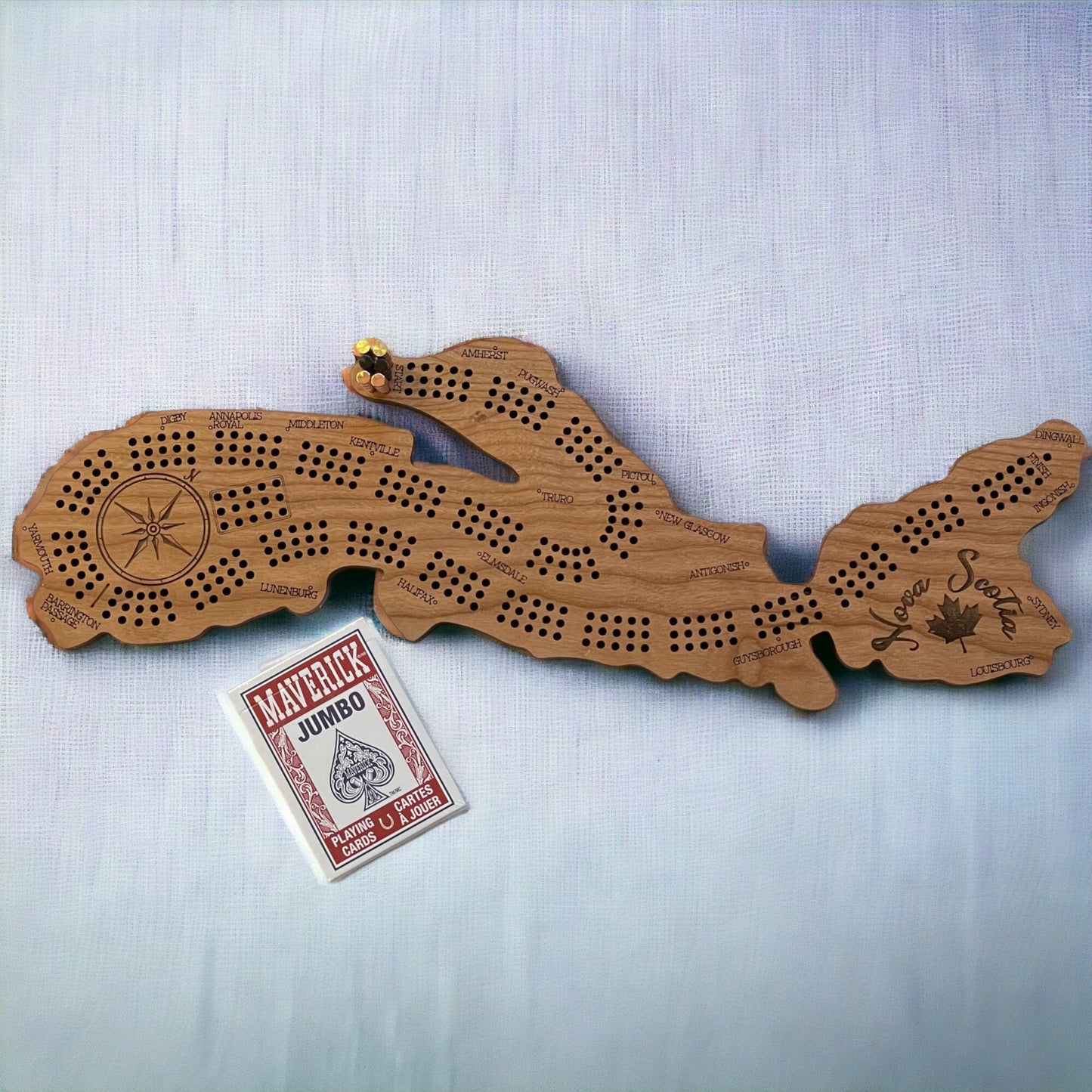 Nova Scotia Cribbage Board, Laser Engraved Wooden Game, Perfect for Family Game Night, Unique Gift for Board Game Lovers, Cherry Wood