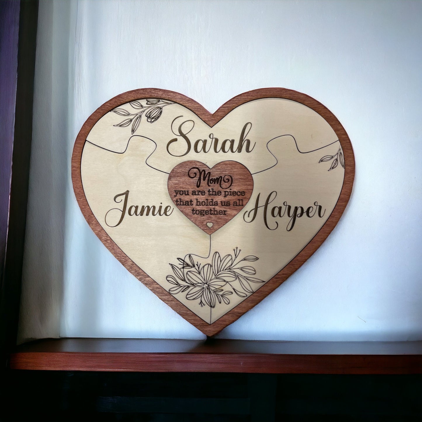 Personalized Engraved Baltic Birch Wood Heart Puzzle Piece Sign with Wild Flowers - Mom you are the piece that holds us together Sign -