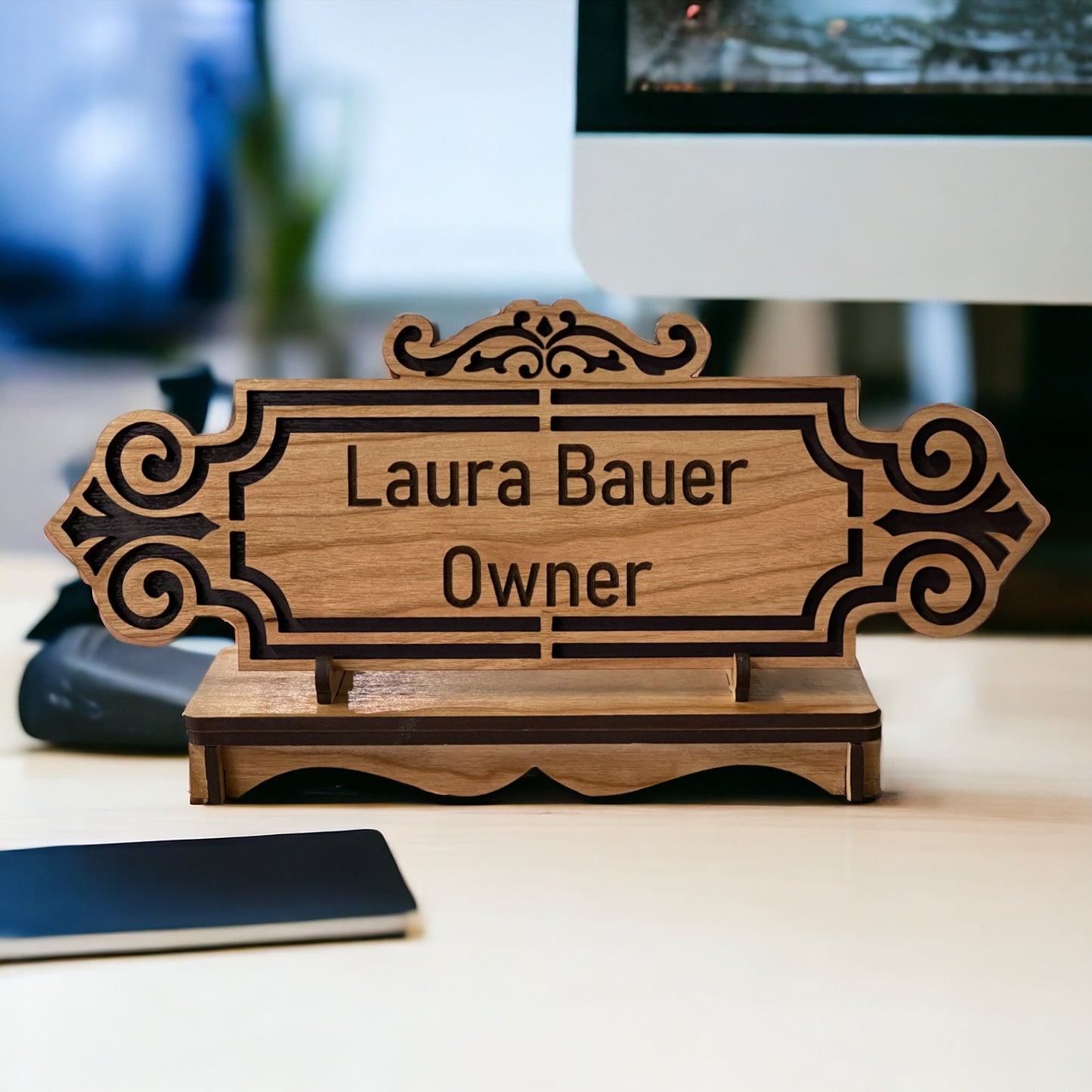Desk Name Plate, Custom Personalized Sign, Personalized Name Sign on Cherry Wood, Custom Engraved Plaque, Office Decoration, Name and Title