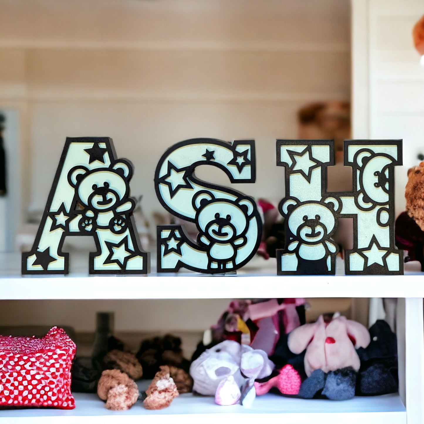 Personalized Laser Engraved Letters for Nursery Decor - Teddy Bear Theme - Custom Wooden Alphabet Letters with Bear Design for Baby's Room