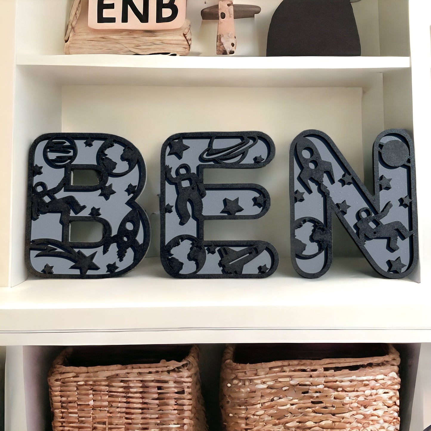 Personalized Laser Engraved Letters for Nursery Decor, Astronaut Space Theme, Custom Wooden Alphabet Letters Design for Baby's Room