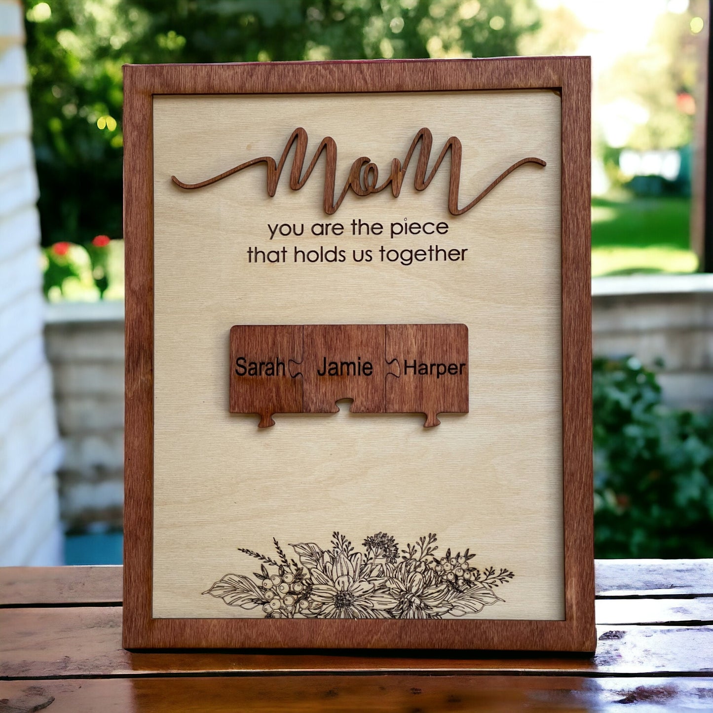 Personalized Engraved Baltic Birch Wood Puzzle Piece Sign with Wild Flowers - Custom Children's Names Sign - Gift For Mom - Mothers Day Gift