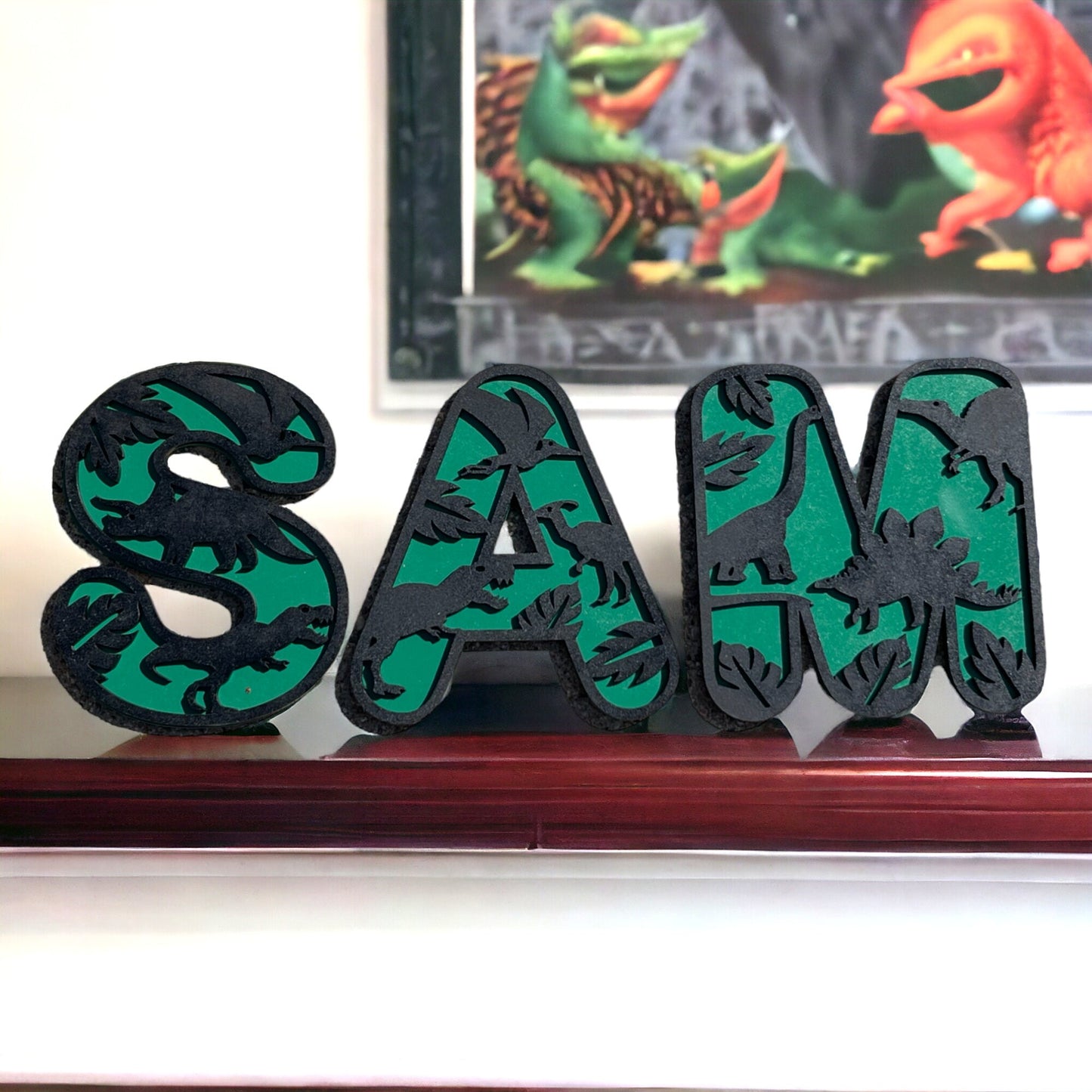Personalized Laser Engraved Dinosaur Letters for Nursery Decor, Dinosaur Theme, Custom Wooden Alphabet Letters Design for Baby's Room, Dino