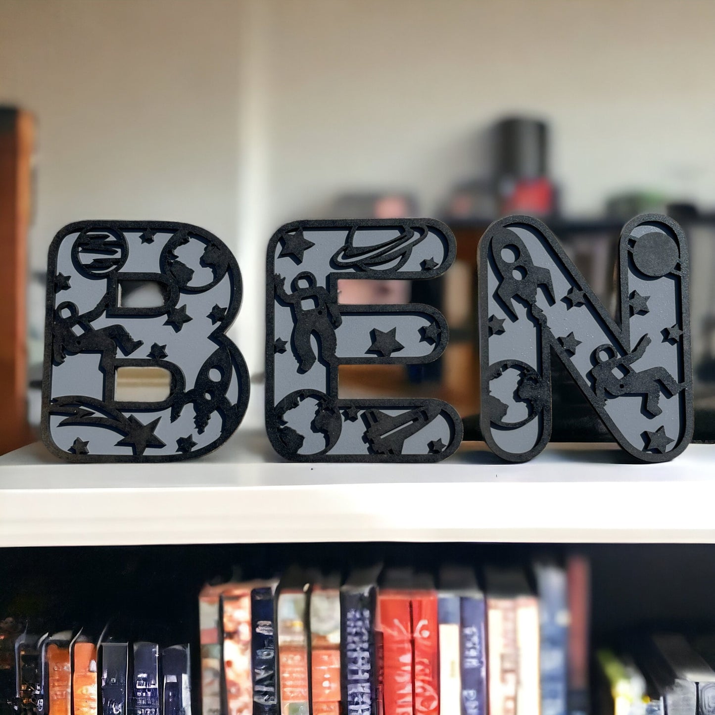 Personalized Laser Engraved Letters for Nursery Decor, Astronaut Space Theme, Custom Wooden Alphabet Letters Design for Baby's Room