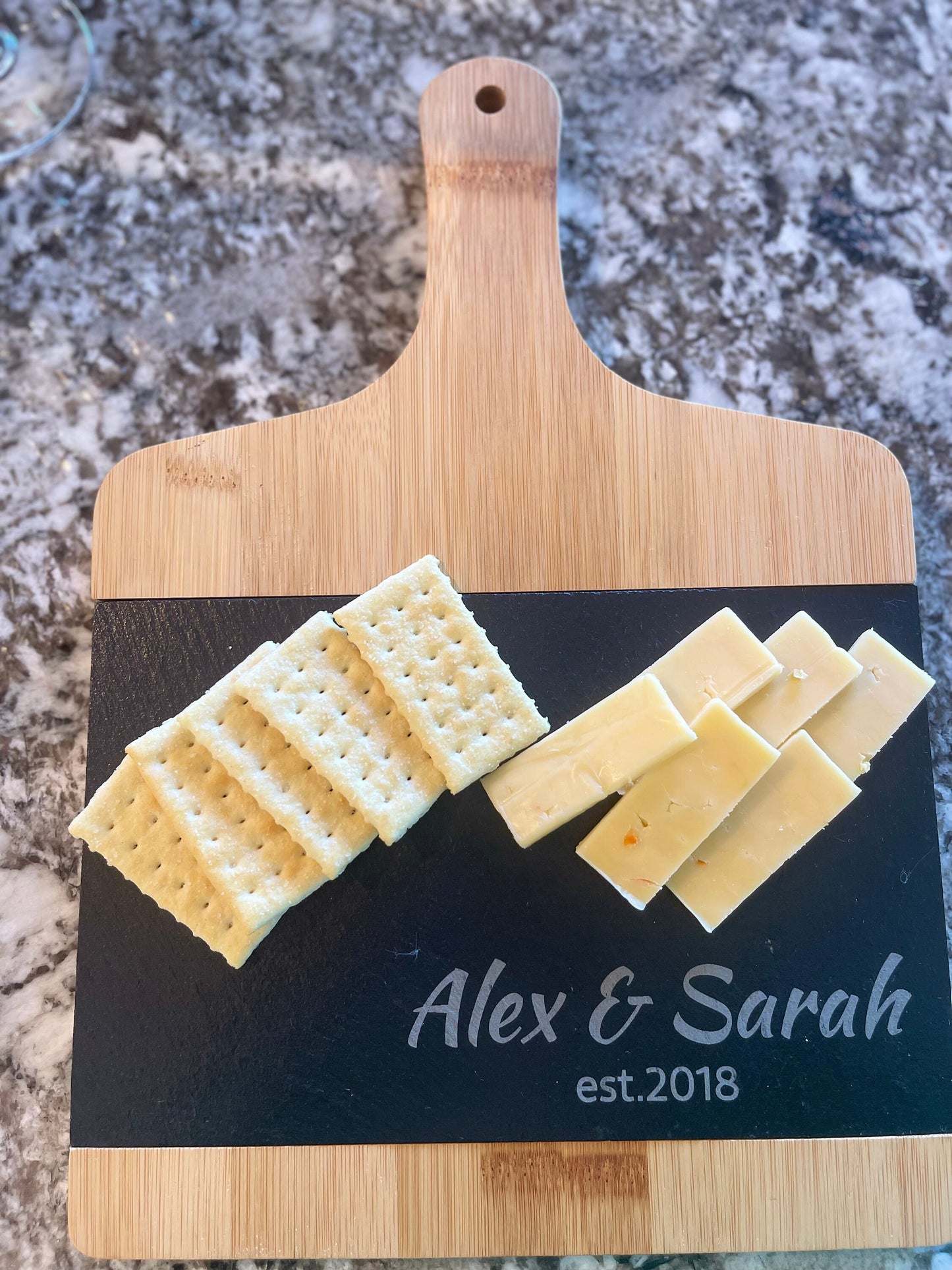 Personalized Slate and Bamboo Cutting Board, Engraved Cheese Board