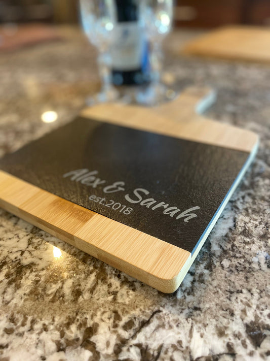 Personalized Slate and Bamboo Cutting Board, Engraved Cheese Board