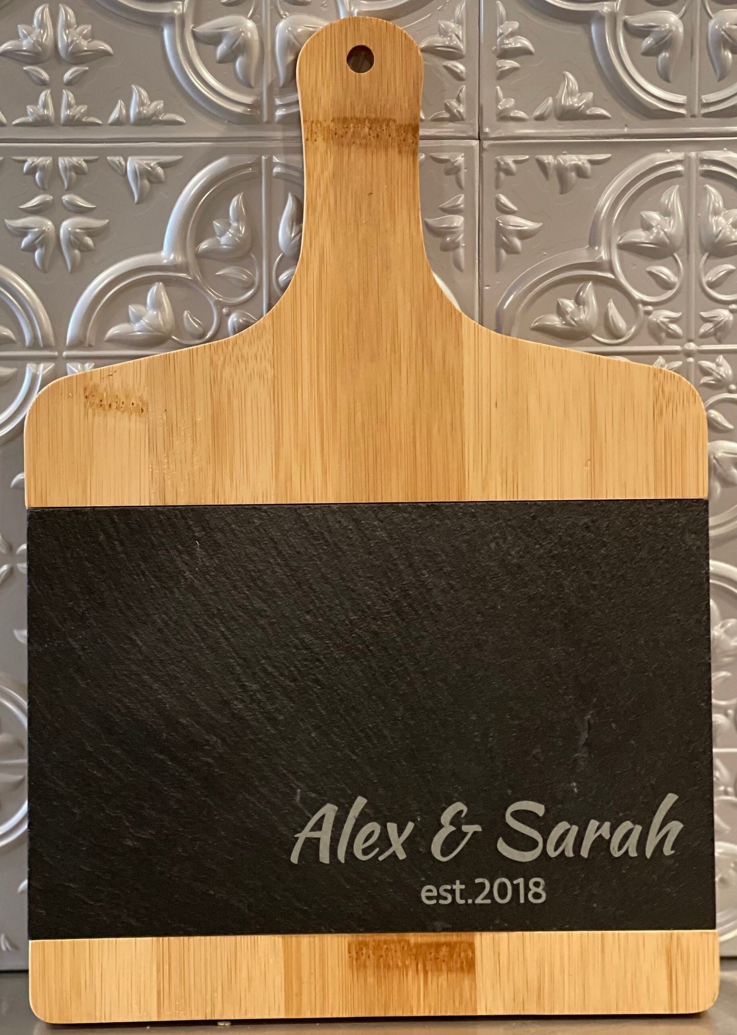 Personalized Slate and Bamboo Cutting Board, Engraved Cheese Board