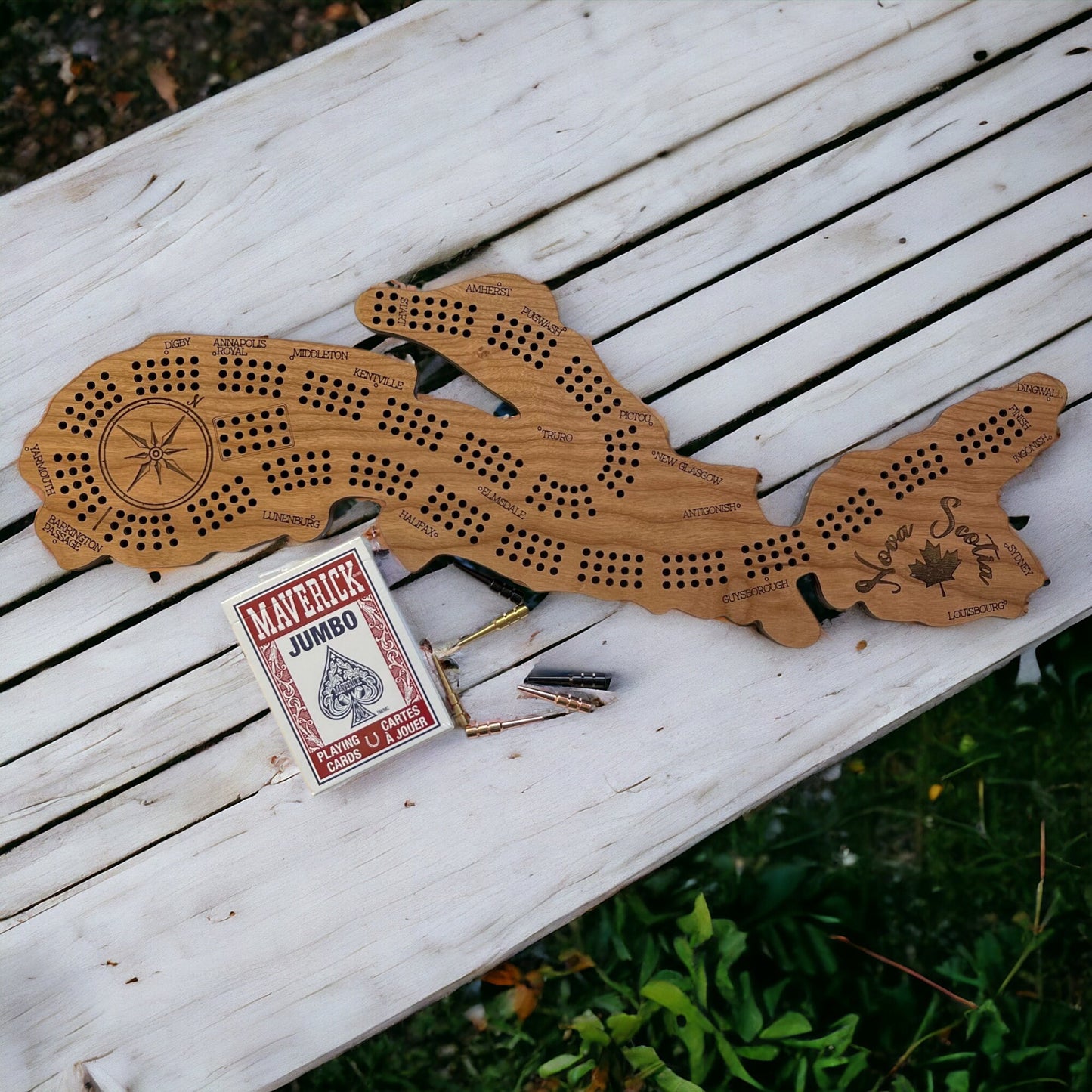 Nova Scotia Cribbage Board, Laser Engraved Wooden Game, Perfect for Family Game Night, Unique Gift for Board Game Lovers, Cherry Wood
