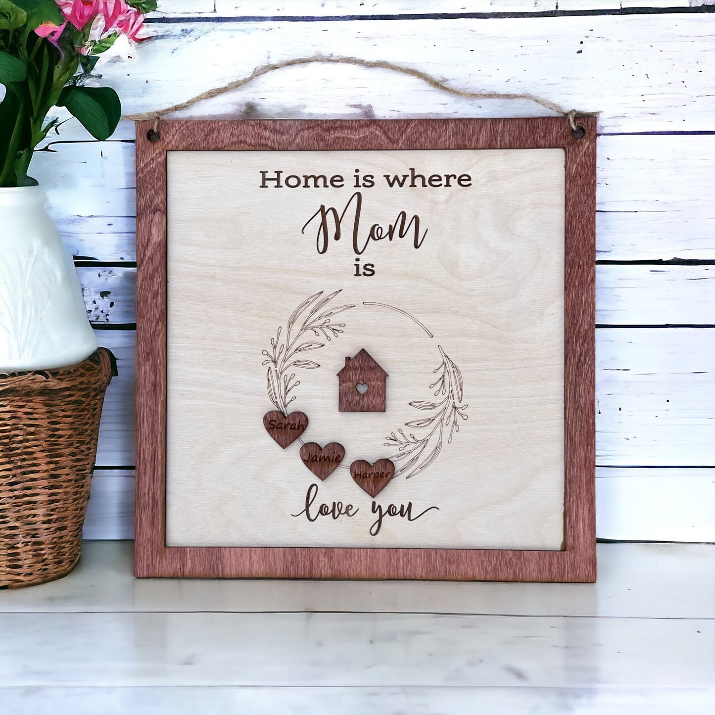 Customized Home Is Where Mom Is Sign - Laser Engraved Baltic Birch Plaque for Personalized Gift - Personalized Wooden Sign for Mom -