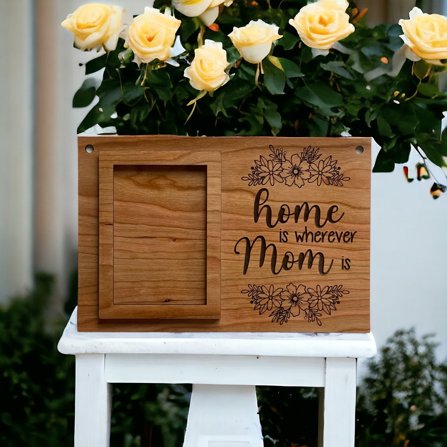 Home Is Wherever Mom Is Engraved Wood Sign - Personalized Mom Picture Frame - Cherry Wood -  Sign for Mom's Home - Mom's Favorite Sign