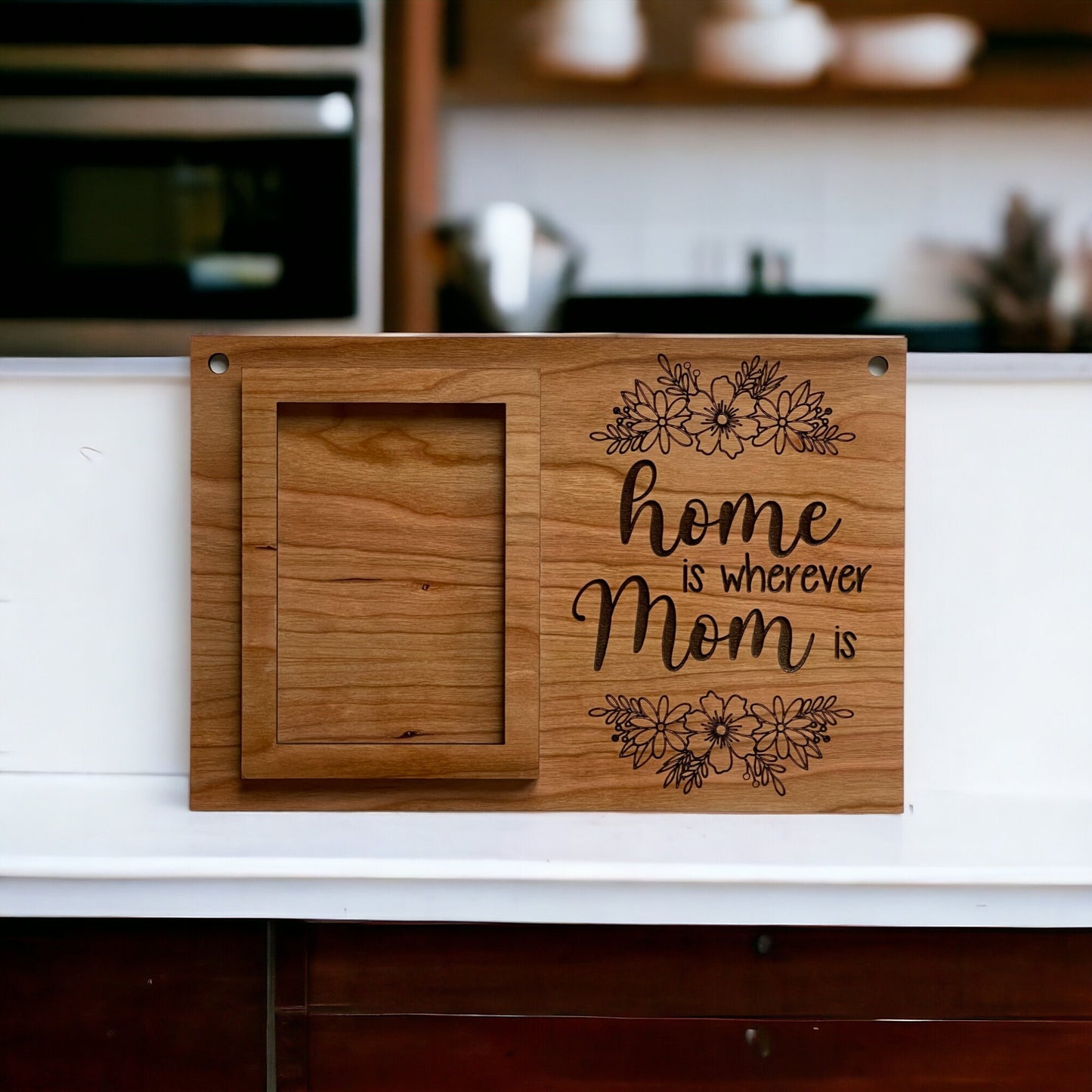 Home Is Wherever Mom Is Engraved Wood Sign - Personalized Mom Picture Frame - Cherry Wood -  Sign for Mom's Home - Mom's Favorite Sign