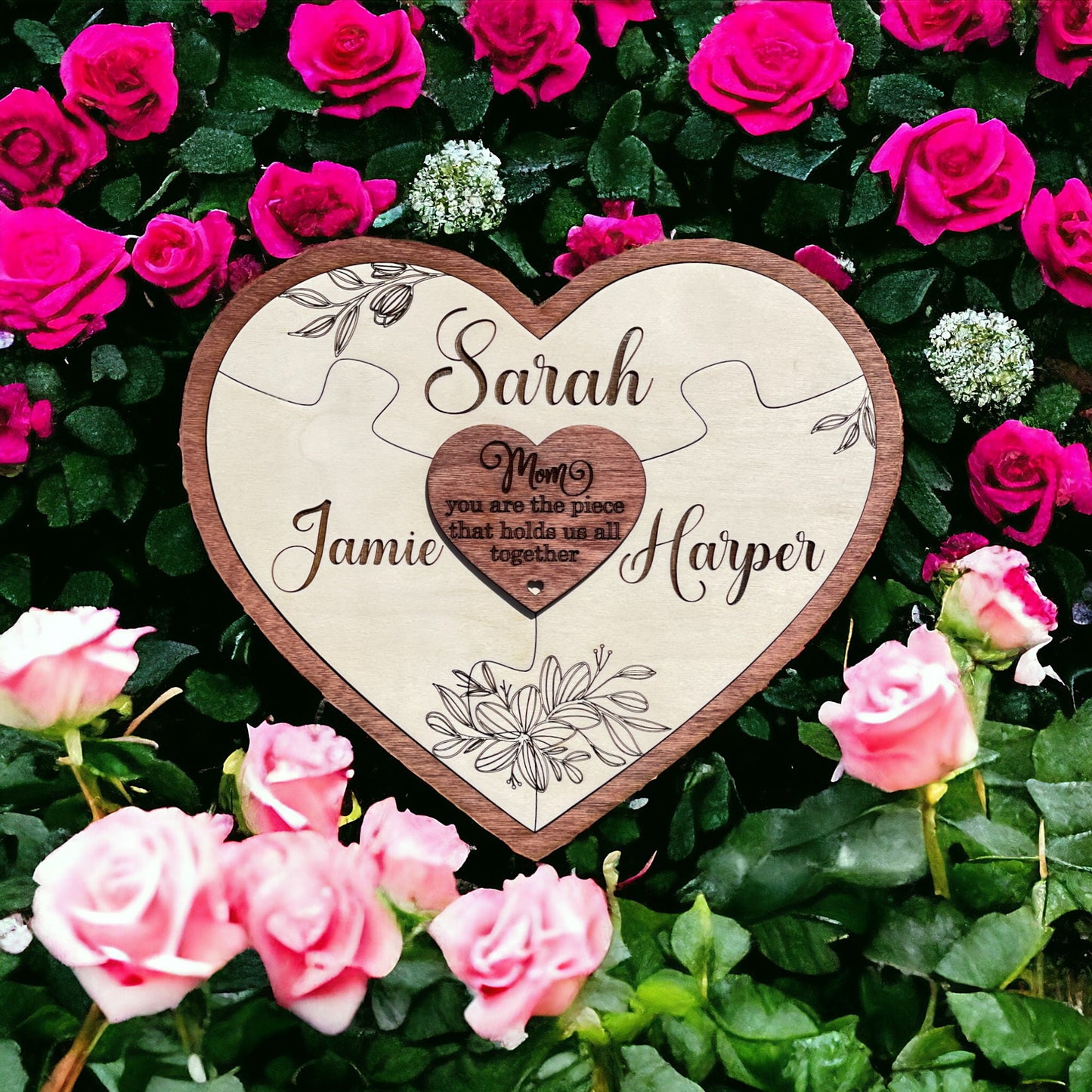 Personalized Engraved Baltic Birch Wood Heart Puzzle Piece Sign with Wild Flowers - Mom you are the piece that holds us together Sign -
