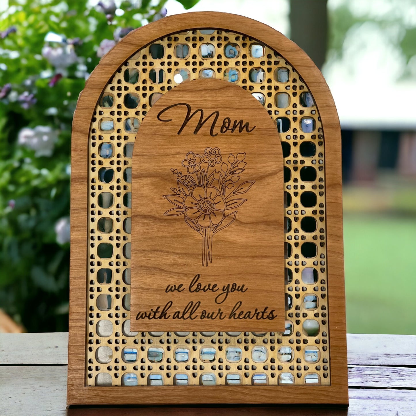 Show Mom Your Love with This Engraved Rattan 'Mom We Love You With All Our Hearts' Sign - Mothers Day or Birthday Gift - From Children