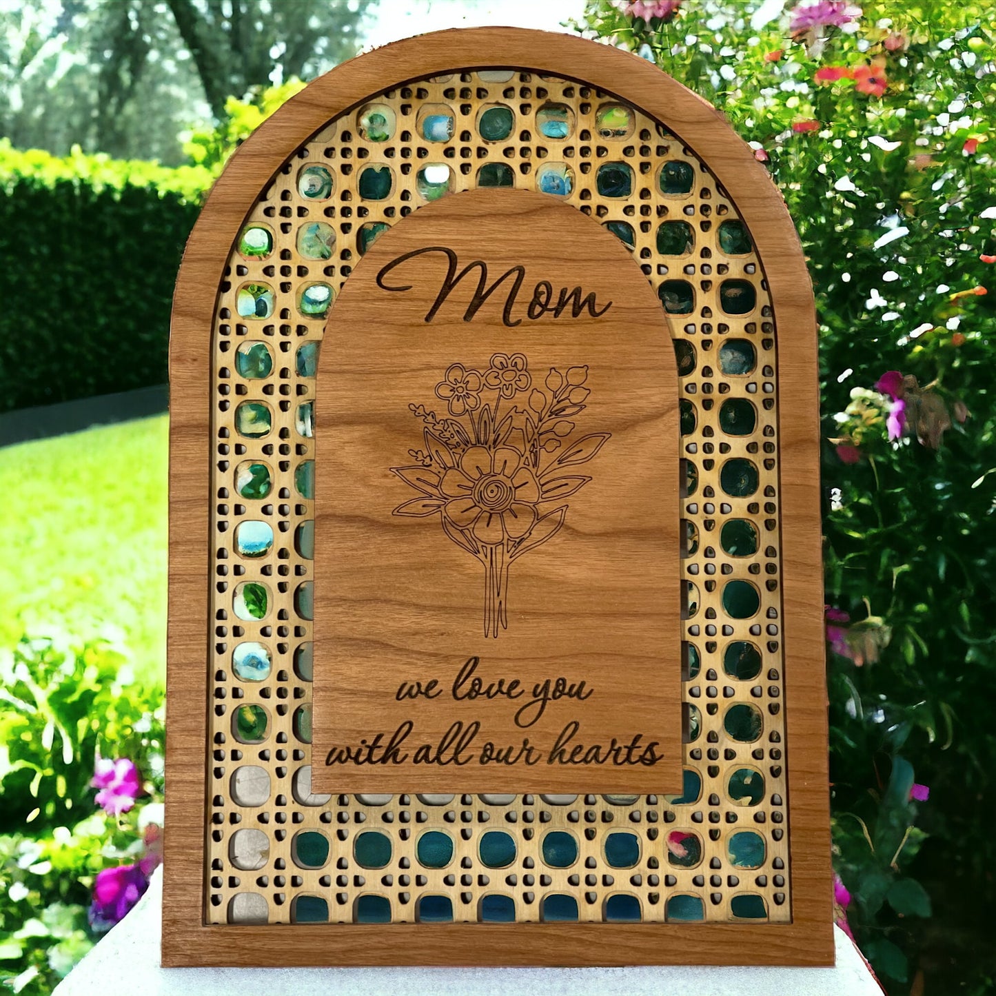 Show Mom Your Love with This Engraved Rattan 'Mom We Love You With All Our Hearts' Sign - Mothers Day or Birthday Gift - From Children
