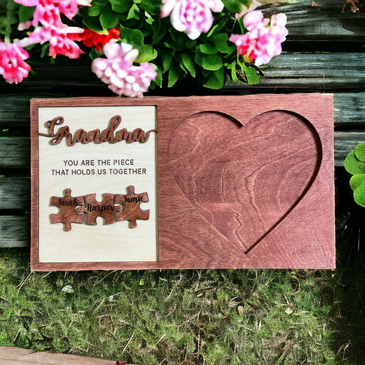 Grandma Engraved Wood Frame - Personalized Grandma  Frame - Sign for Grandmother's Home -  Mothers Day Gift - Piece That Holds Us Together