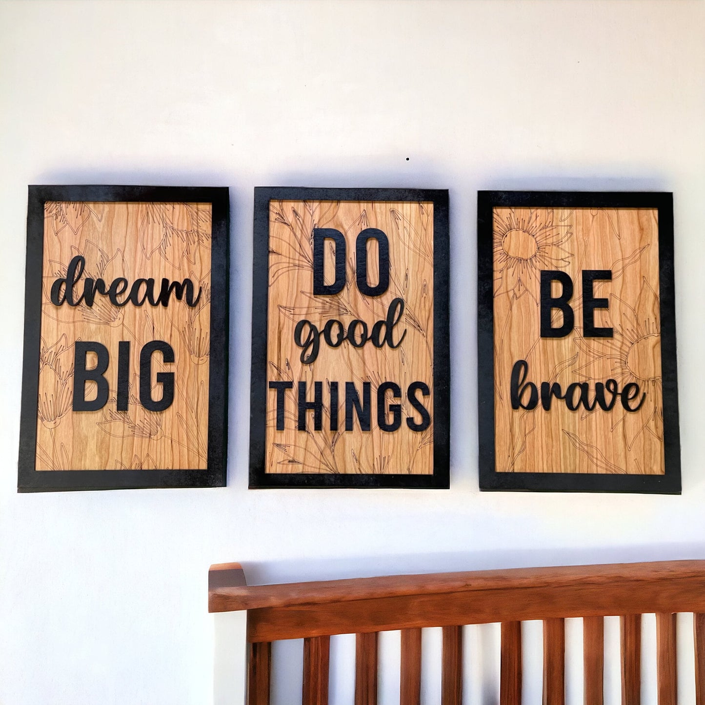 Set of 3 Laser Engraved Signs on Cherry Wood - Quote Sign Collection - Be Brave - Do Good Things - Dream Big - Nursery Decor - Kids Room