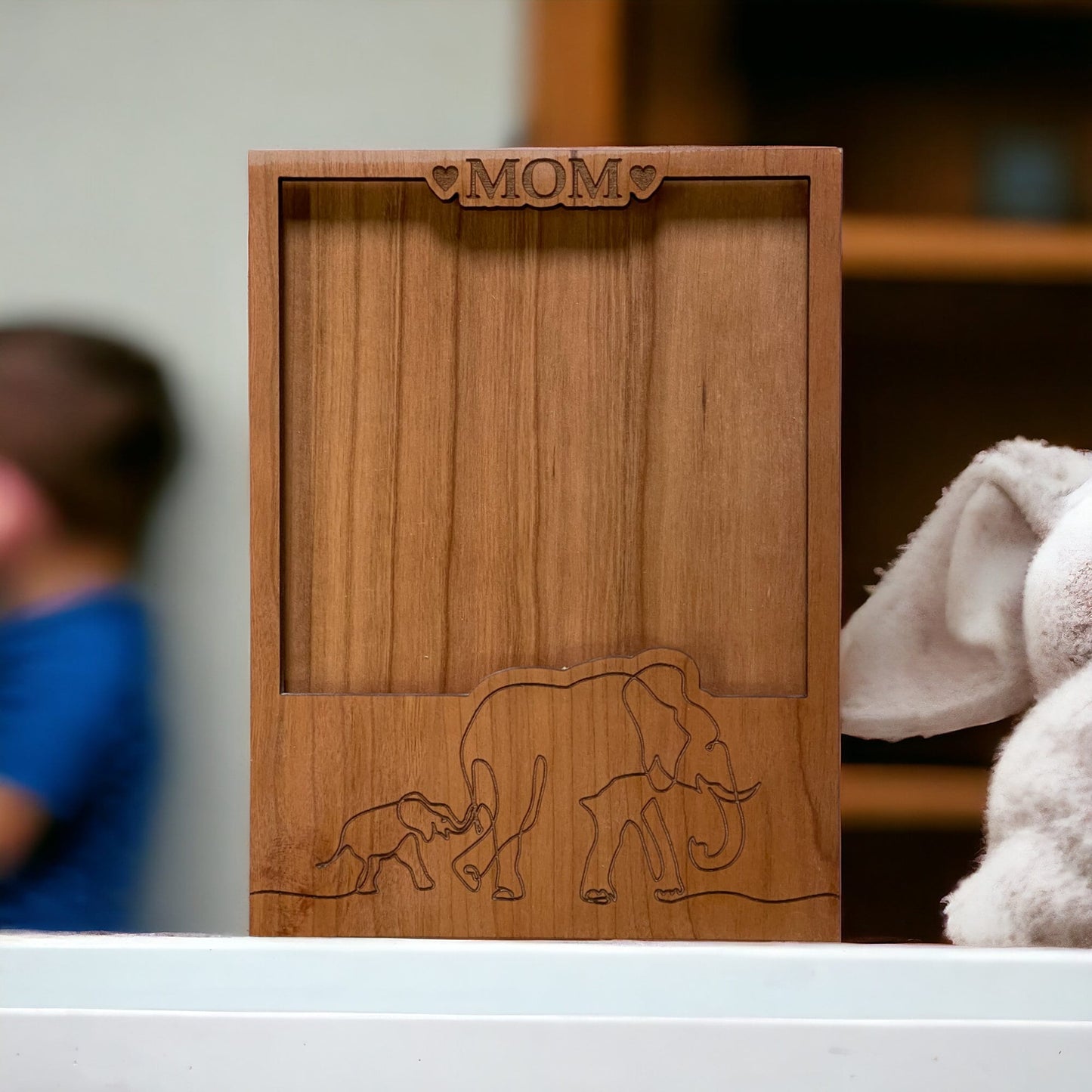 Beautiful Cherry Wood Elephant Frame - Perfect for 4.25" x 4.25" Picture - Best Gift for Mom - Handcrafted - Laser Engraved -Mothers Day