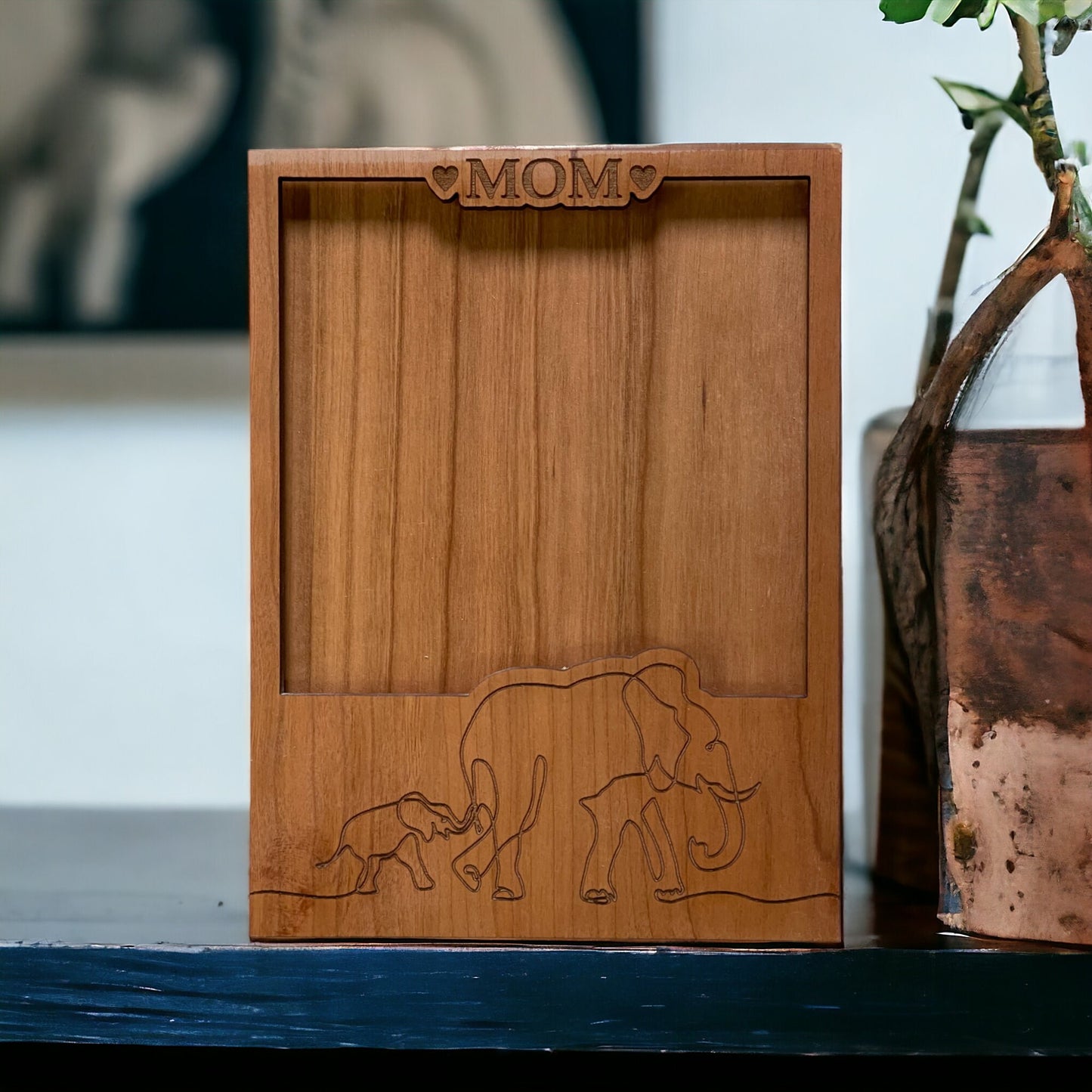 Beautiful Cherry Wood Elephant Frame - Perfect for 4.25" x 4.25" Picture - Best Gift for Mom - Handcrafted - Laser Engraved -Mothers Day