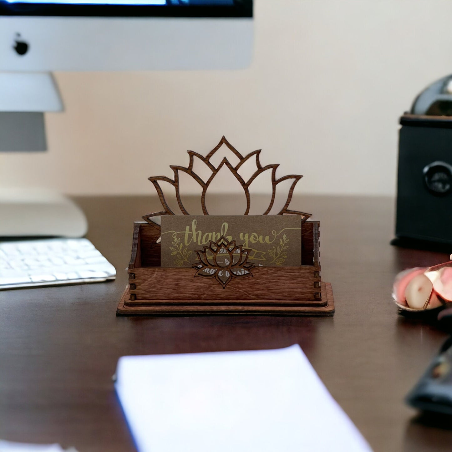 Wood Business Card Holder, Lotus Flower Office Supplies, New Age, Desk Organization, Gift For Reiki, Gift for Spa Owner