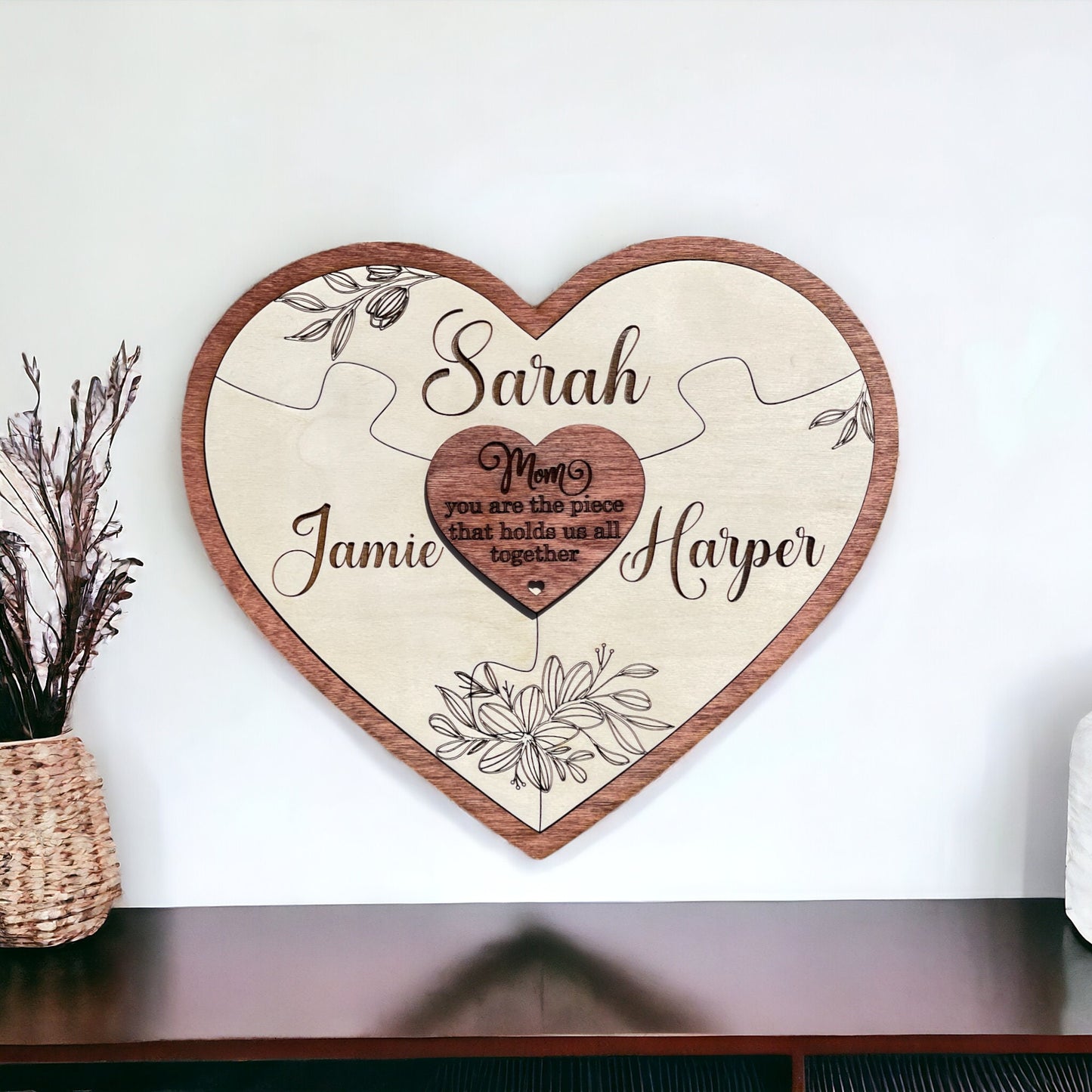 Personalized Engraved Baltic Birch Wood Heart Puzzle Piece Sign with Wild Flowers - Mom you are the piece that holds us together Sign -