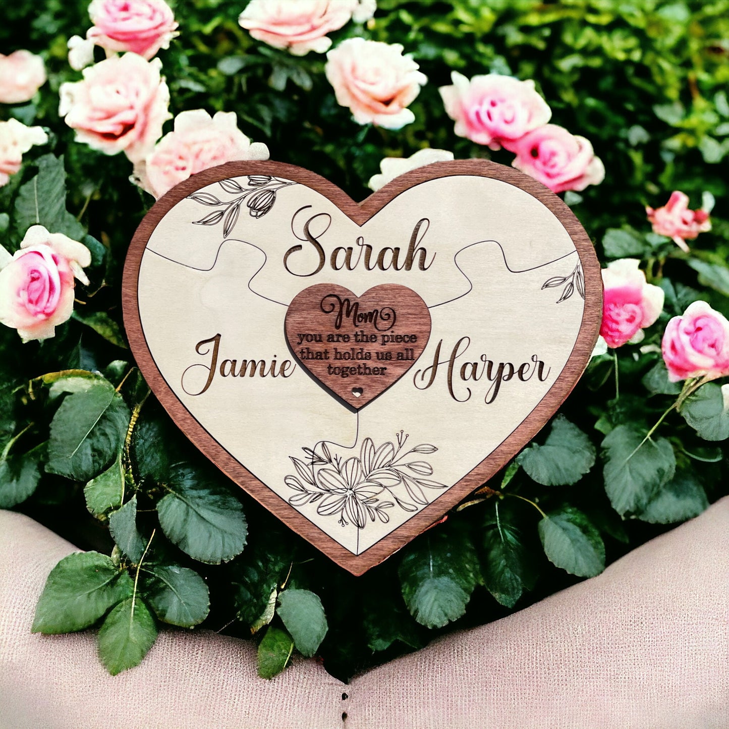 Personalized Engraved Baltic Birch Wood Heart Puzzle Piece Sign with Wild Flowers - Mom you are the piece that holds us together Sign -