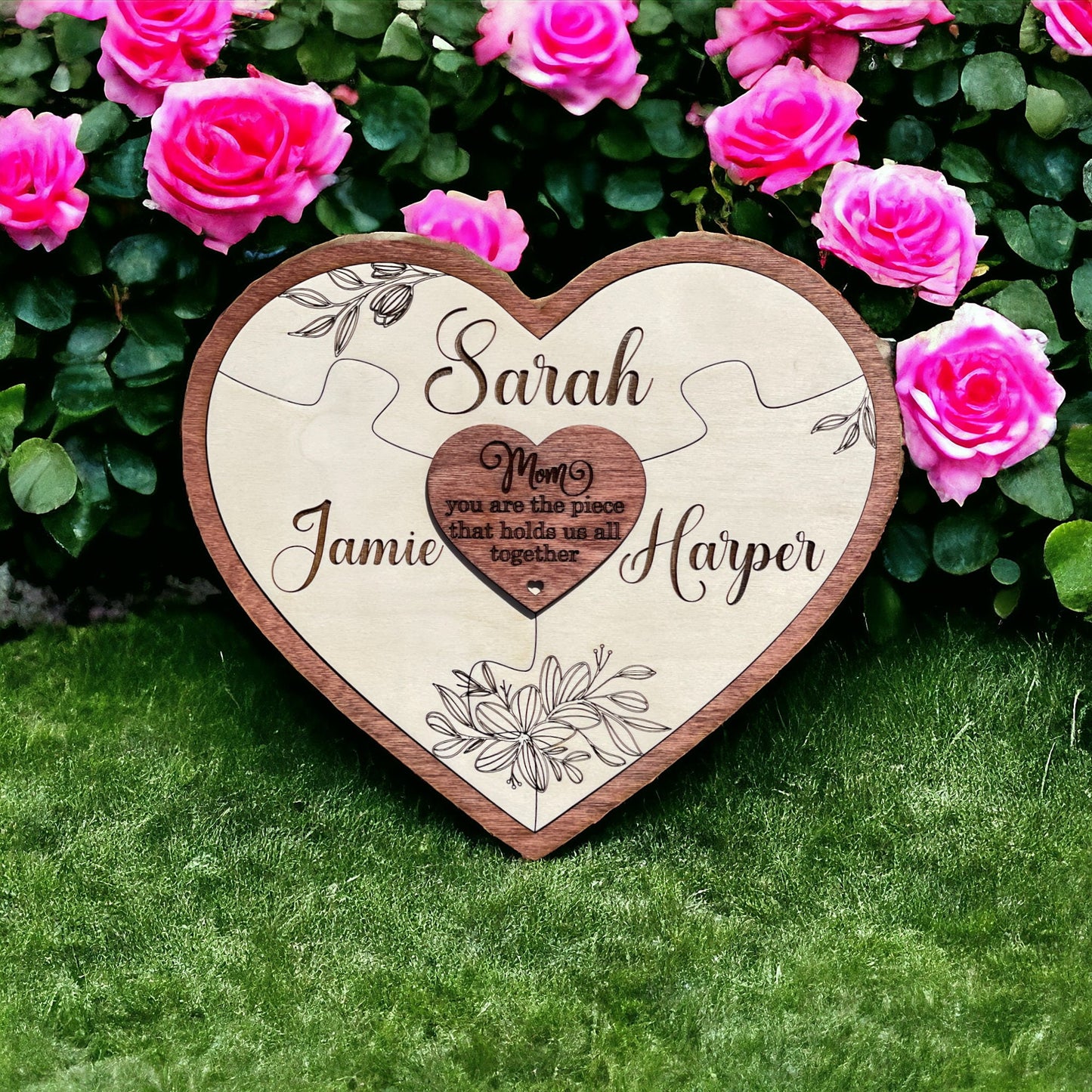 Personalized Engraved Baltic Birch Wood Heart Puzzle Piece Sign with Wild Flowers - Mom you are the piece that holds us together Sign -
