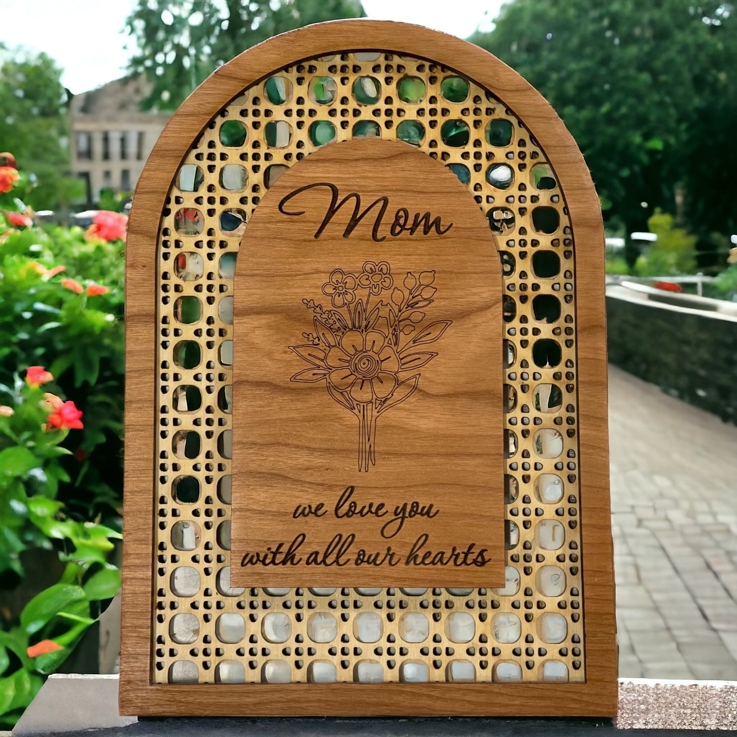 Show Mom Your Love with This Engraved Rattan 'Mom We Love You With All Our Hearts' Sign - Mothers Day or Birthday Gift - From Children