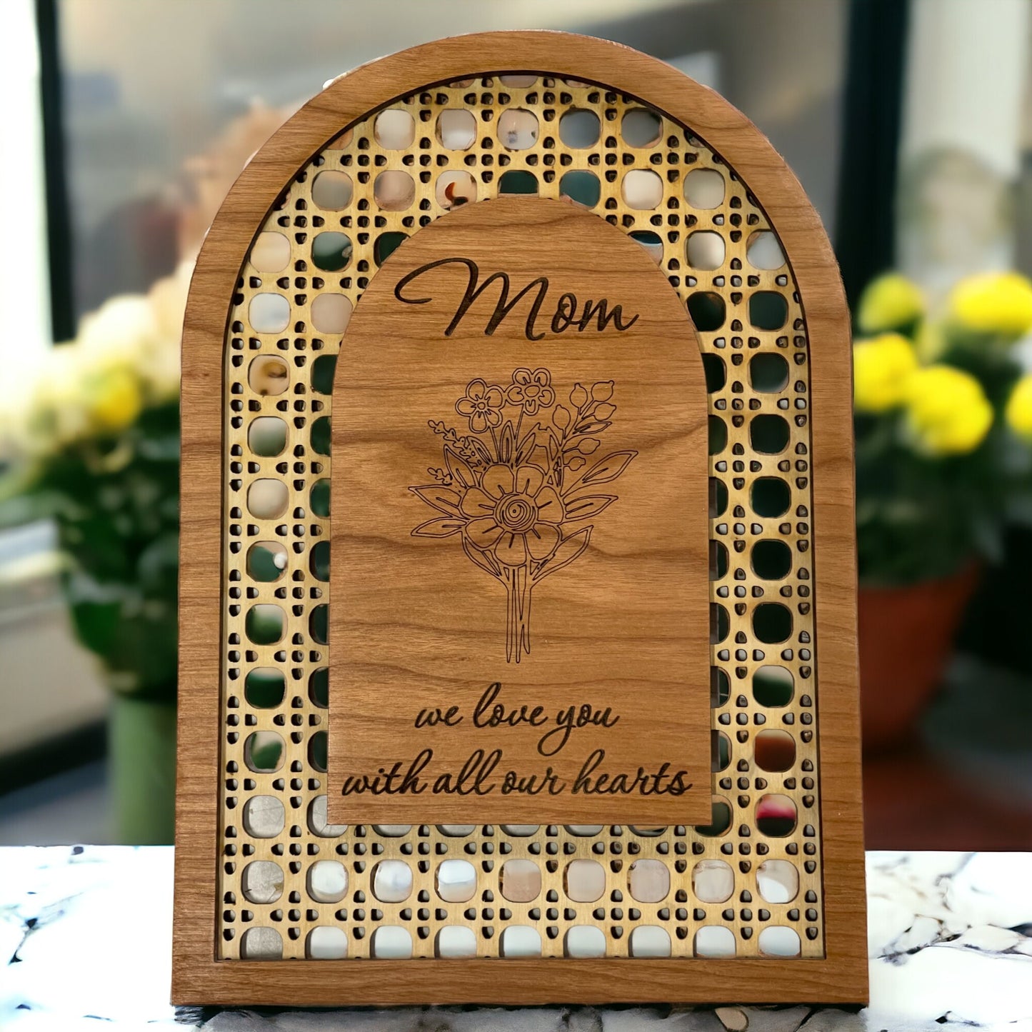 Show Mom Your Love with This Engraved Rattan 'Mom We Love You With All Our Hearts' Sign - Mothers Day or Birthday Gift - From Children