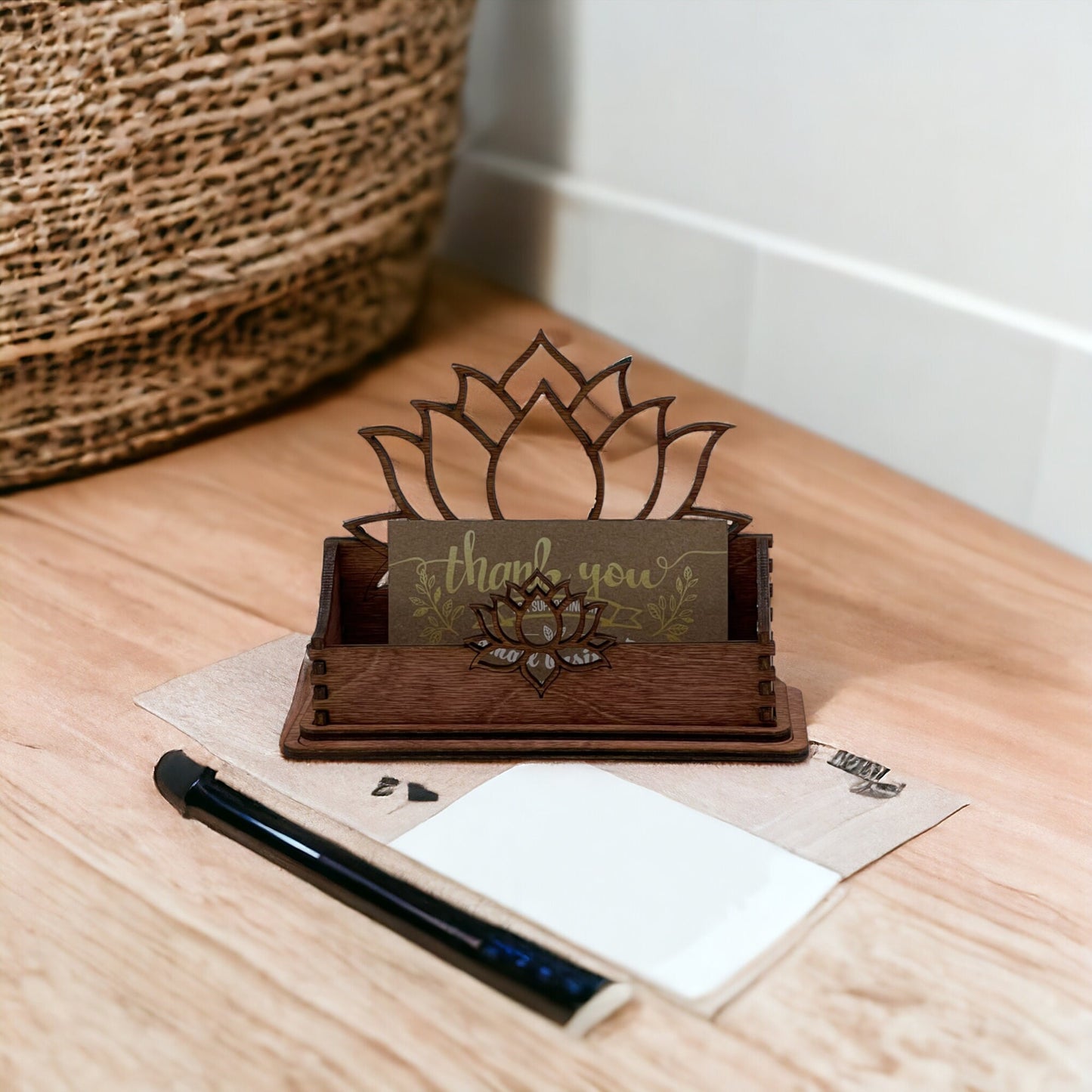 Wood Business Card Holder, Lotus Flower Office Supplies, New Age, Desk Organization, Gift For Reiki, Gift for Spa Owner