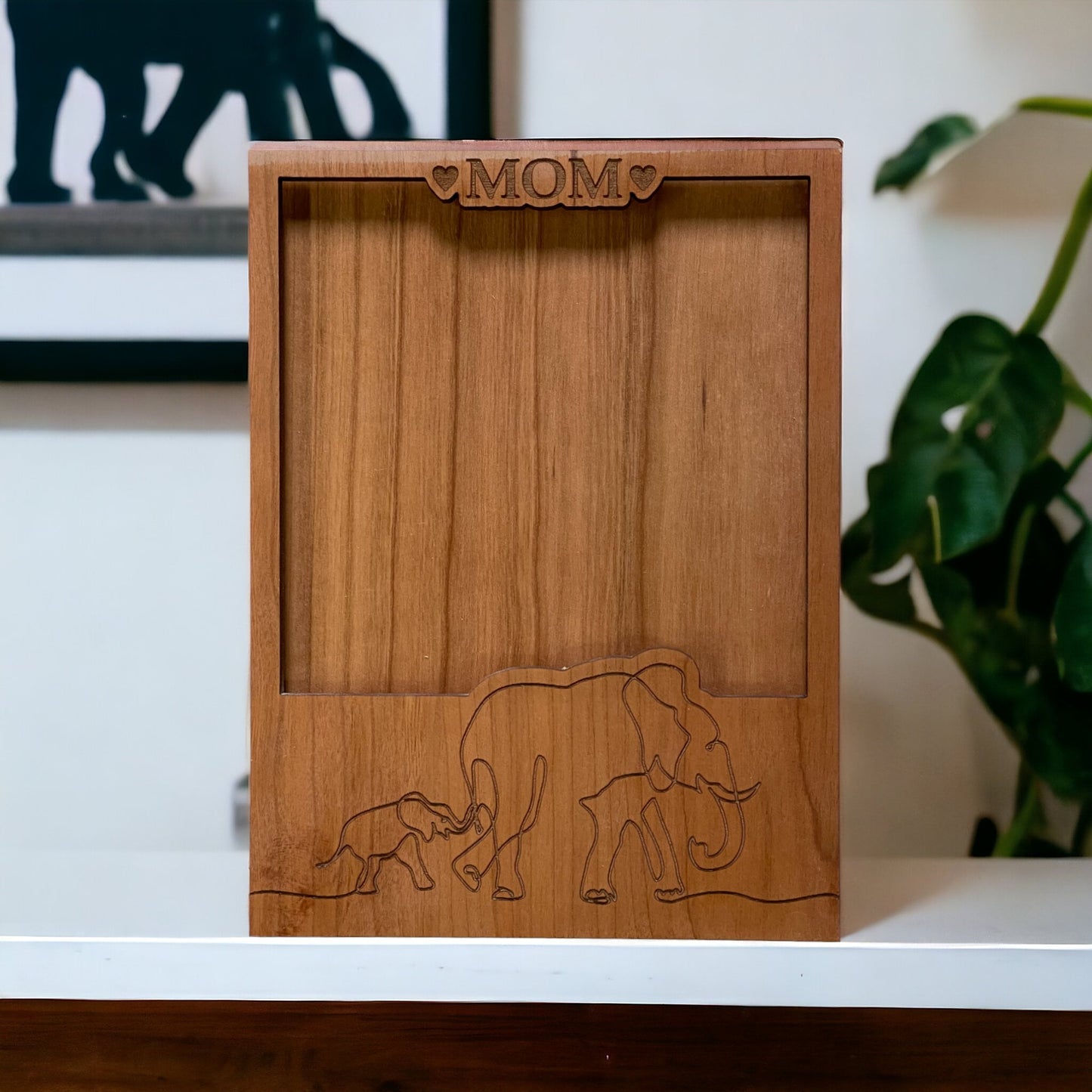 Beautiful Cherry Wood Elephant Frame - Perfect for 4.25" x 4.25" Picture - Best Gift for Mom - Handcrafted - Laser Engraved -Mothers Day