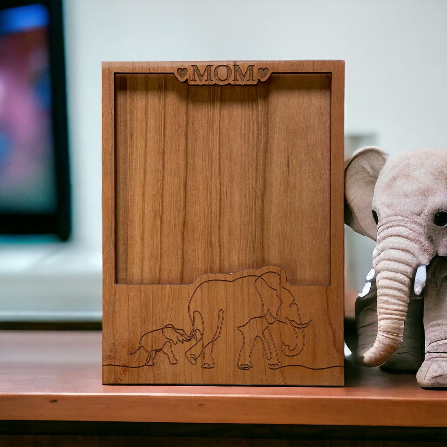 Beautiful Cherry Wood Elephant Frame - Perfect for 4.25" x 4.25" Picture - Best Gift for Mom - Handcrafted - Laser Engraved -Mothers Day