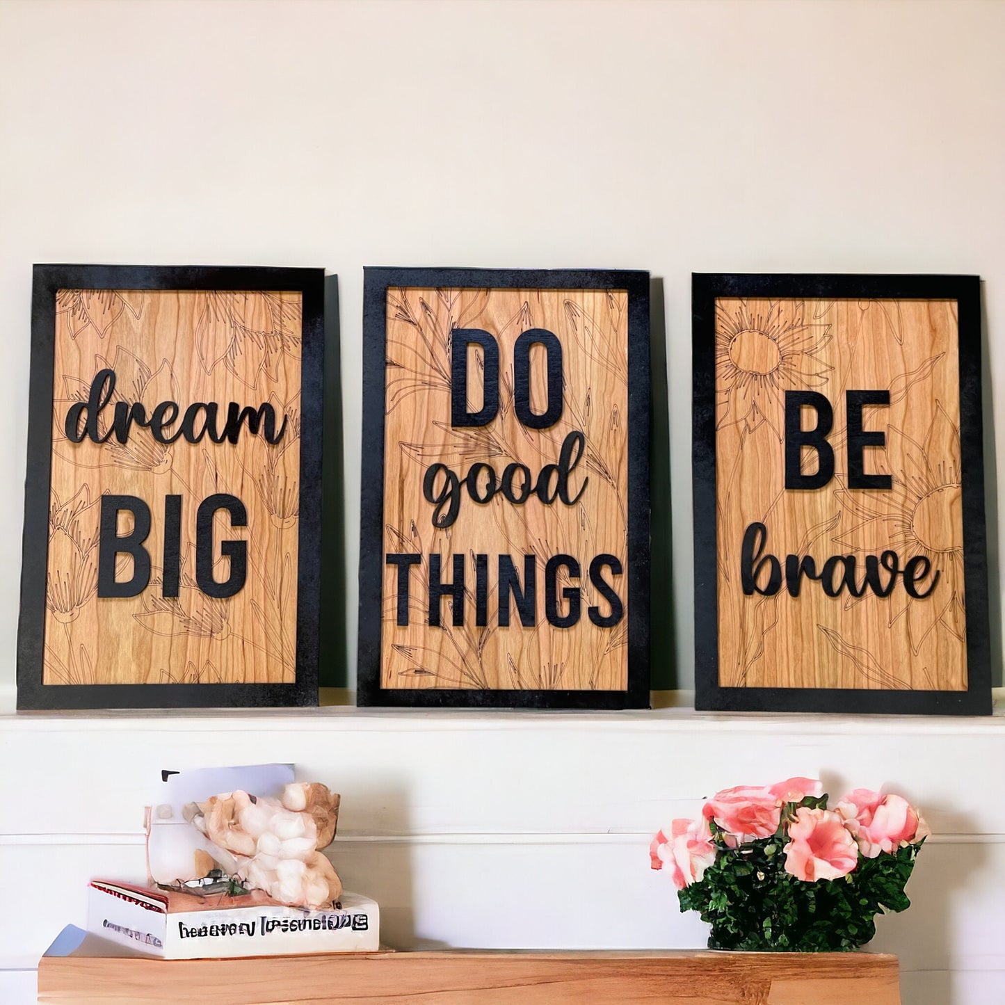 Set of 3 Laser Engraved Signs on Cherry Wood - Quote Sign Collection - Be Brave - Do Good Things - Dream Big - Nursery Decor - Kids Room