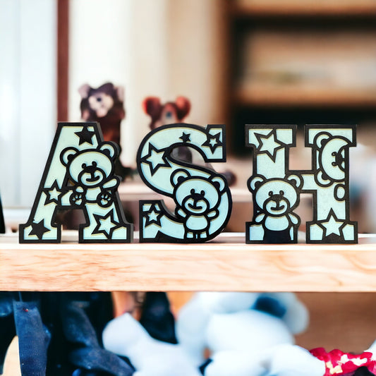 Personalized Laser Engraved Letters for Nursery Decor - Teddy Bear Theme - Custom Wooden Alphabet Letters with Bear Design for Baby's Room