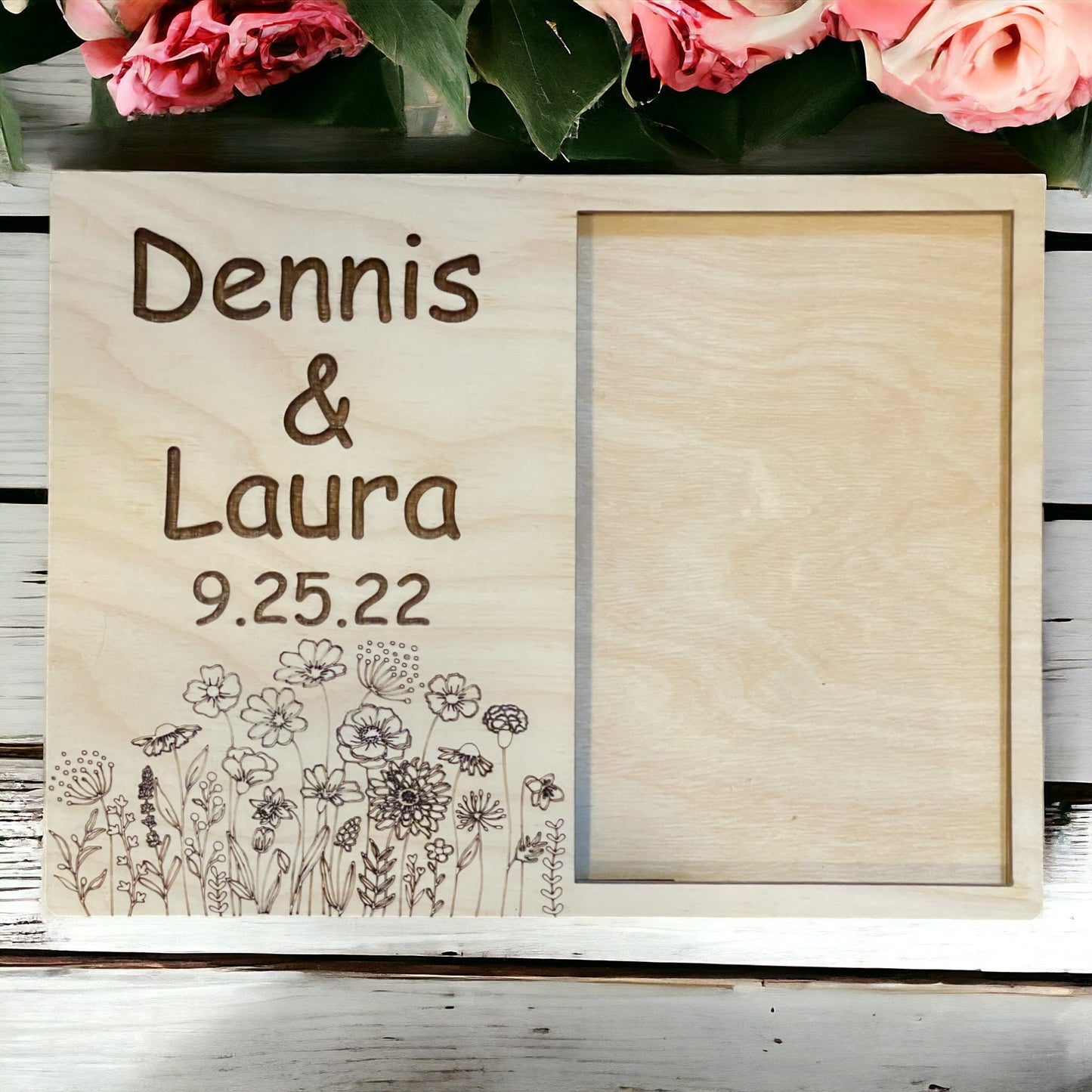 Floral Wedding Photo Frame, Gift For Partner, Wooden Picture Frame, Gift For Couple, 4 x 6 Photo, Wedding Decor. Wedding Announcement,