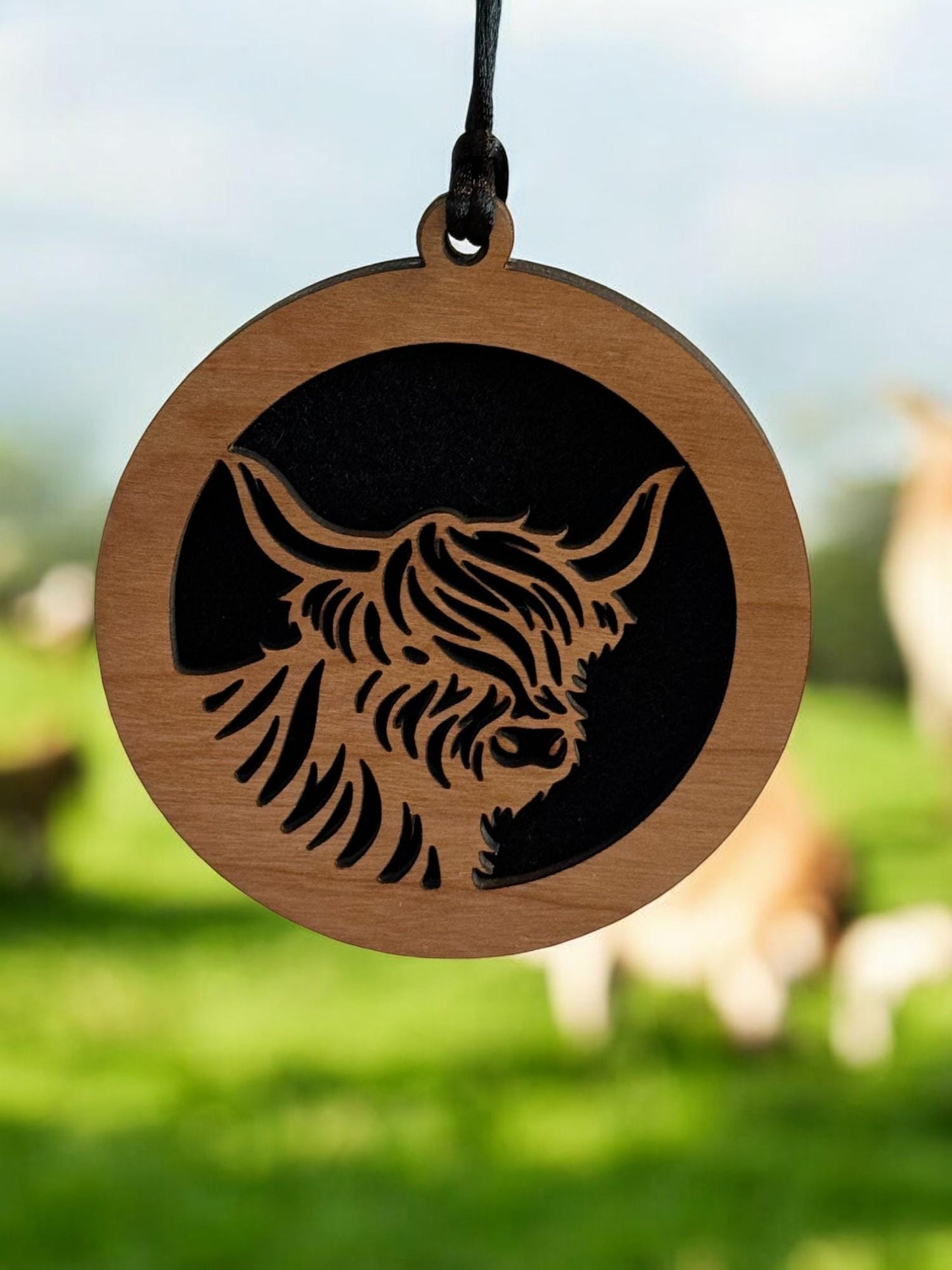 Highland Cow Small Space Air Freshener, Car, Boat Truck. Room, Small Space, Essential Oils, Hanging Wooden Air Freshener, Freshen Your Ride